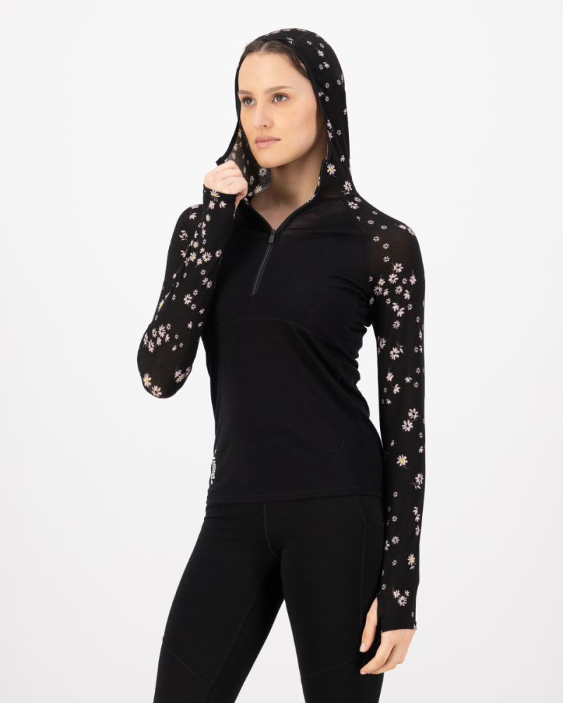 Mons Royale Bella Merino Long Sleeve Hood, Black Daisy, Grösse S