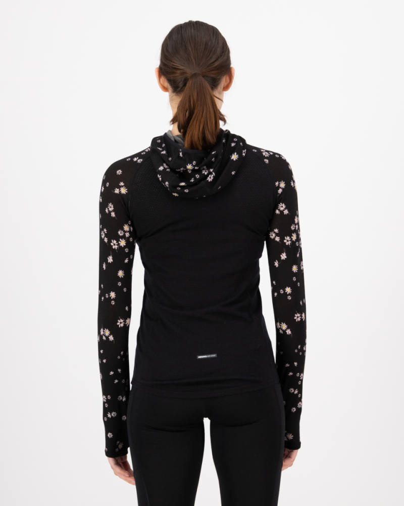 Mons Royale Bella Merino Long Sleeve Hood, Black Daisy, Grösse S
