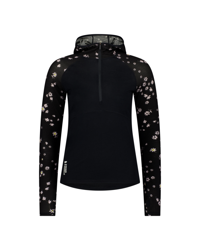 Mons Royale Bella Merino Long Sleeve Hood, Black Daisy, Grösse S