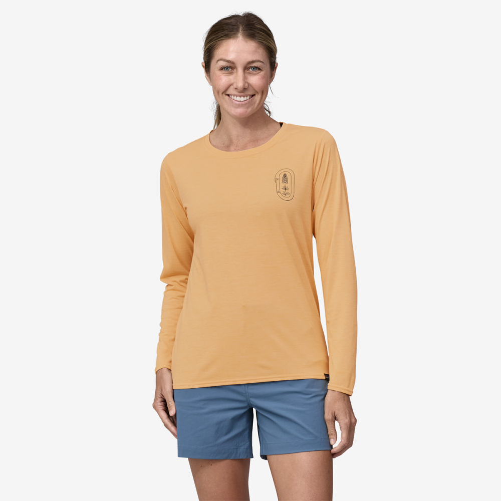 Patagonia W's L/S Cap Cool Daily Graphic Shirt - Lands, Clean Climb Bloom: Sandy Melon X-Dye, M