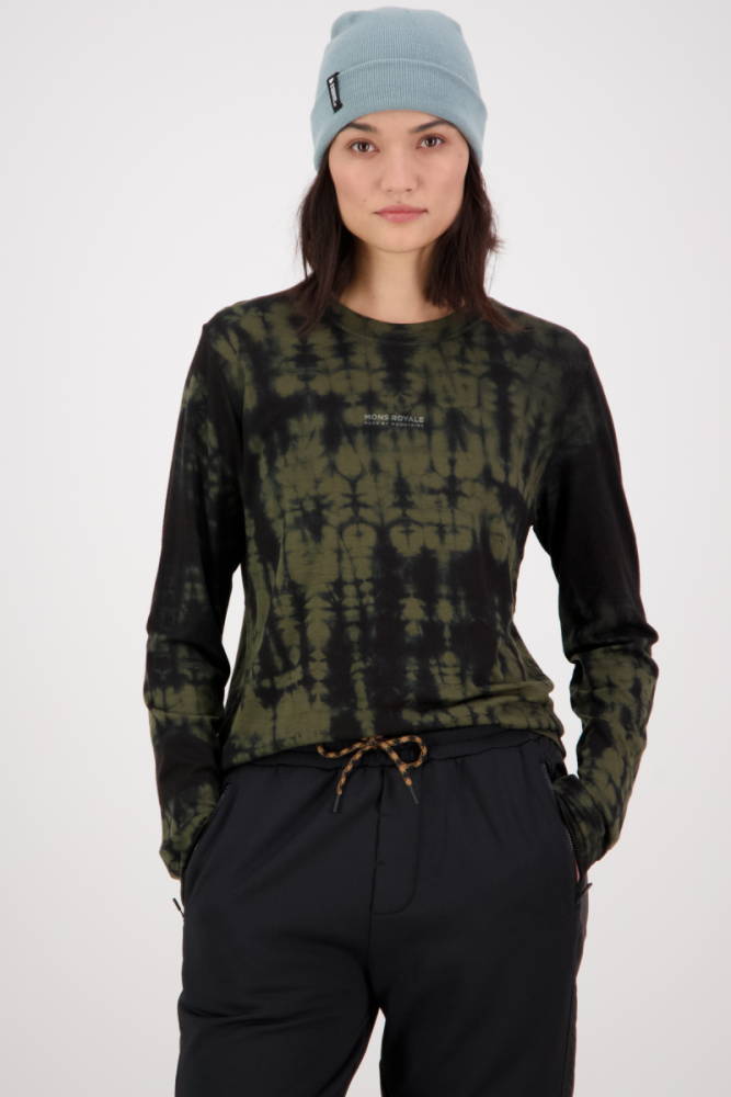 Mons Royal W Icon Relaxed LS Garment Dyed Olive Tie Dye,  M
